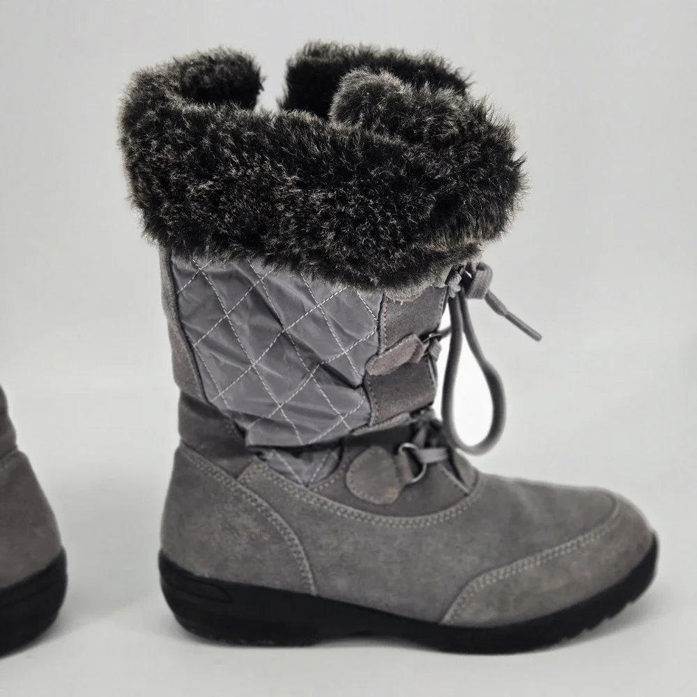 Lands' End Grey Suede Quilted Faux Fur Winter Snow Boots Comfort Shoes 6 VGUC